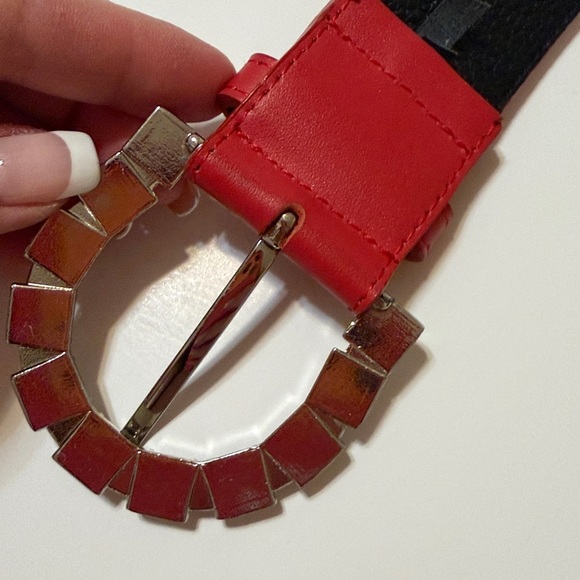 PabDer Red leather belt with silver tone  rhinestones buckle size M (36\
